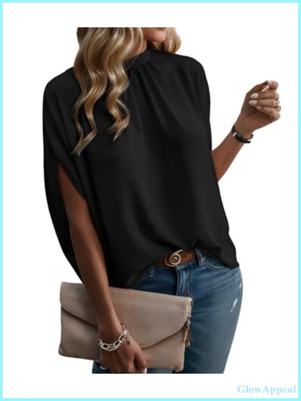 Mock Neck Batwing Sleeve Blouse Tie Back Tunic